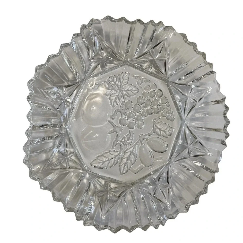Vintage Clear Pressed Glass Fruit Bowl Grapes Apple Pear Starburst Scalloped 11